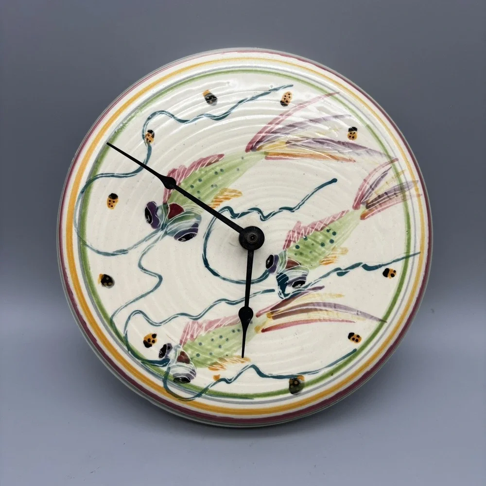 Studio Pottery Signed Wall Clock Cream With Colorful Fish WORKS!